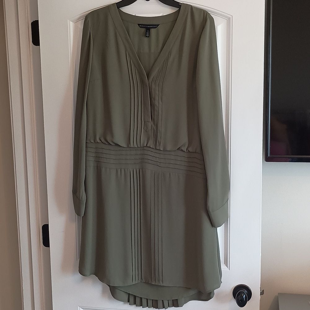 White House Black Market Olive Green Pleated V-Neck Long Sleeve Dress - Picture 10 of 16